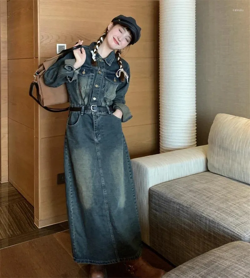 Casual Dresses Long Denim Dress For Women Retro Turn Down Collar Full Sleeve Jean Vestidos Female Spring Commute Blue Frocks S 3XL
