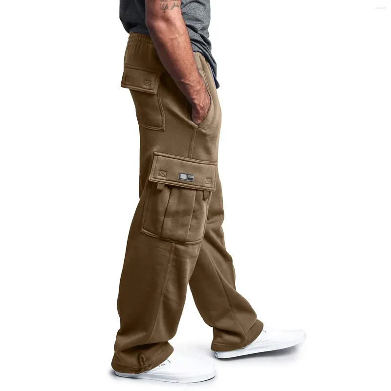 Erkek pantolon kargo pantolon moda çok cepli bol bol rahat düz renk kalınlaşmış yastıklı spor