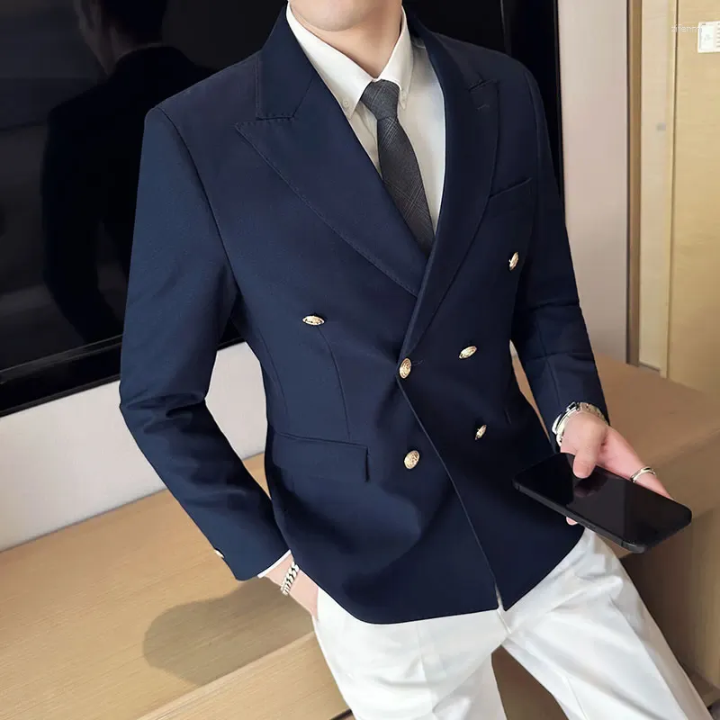 メンズスーツ2024マン用ネイビーブルーブレザーフォーマルなビジネスウェディングスーツジャケットカジュアルスリムダブル胸肉ボタン男性コート