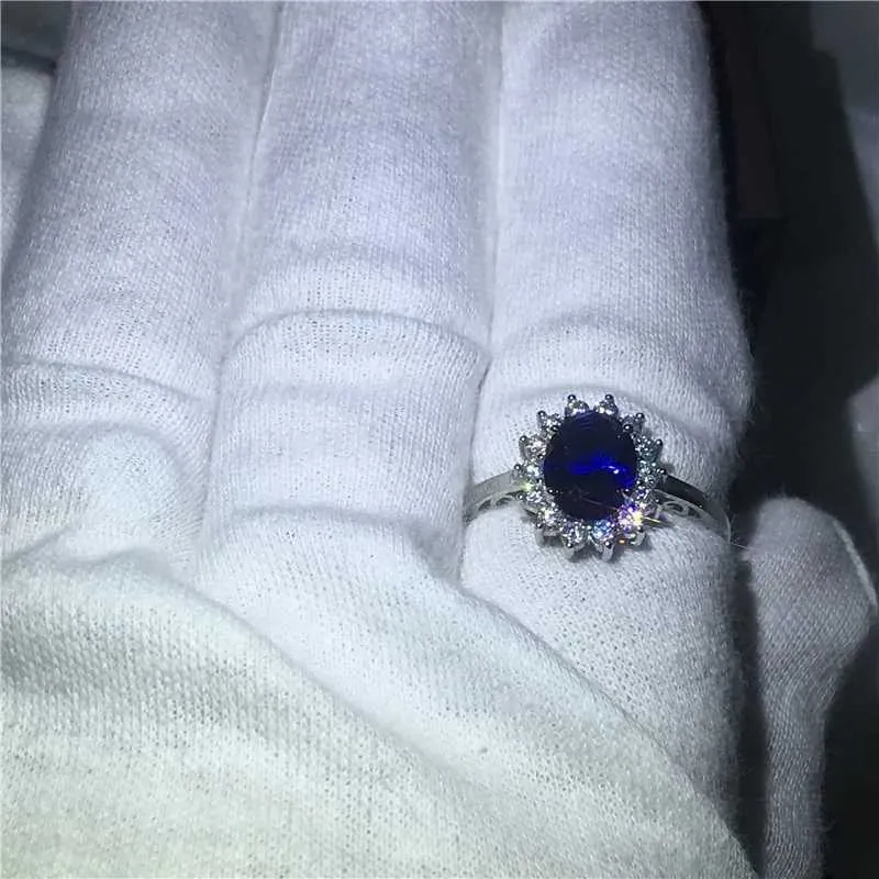 Anelli nuziali squisiti colori argento di lusso intarsio blu zirconia anello di coinvolgimento da sposa Reception Memorial Memorial Jewelry