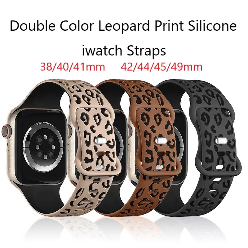 Leopardengravierte Silikongurte für Apple Watch Band 45 mm 44 mm 42 mm 41 mm 40 mm 49 mm 38 mm doppelte Farbe Iwatch -Armbänder für Ultra 9 8 7 6 5 4 3 Se Iwatch Silicon Watchband