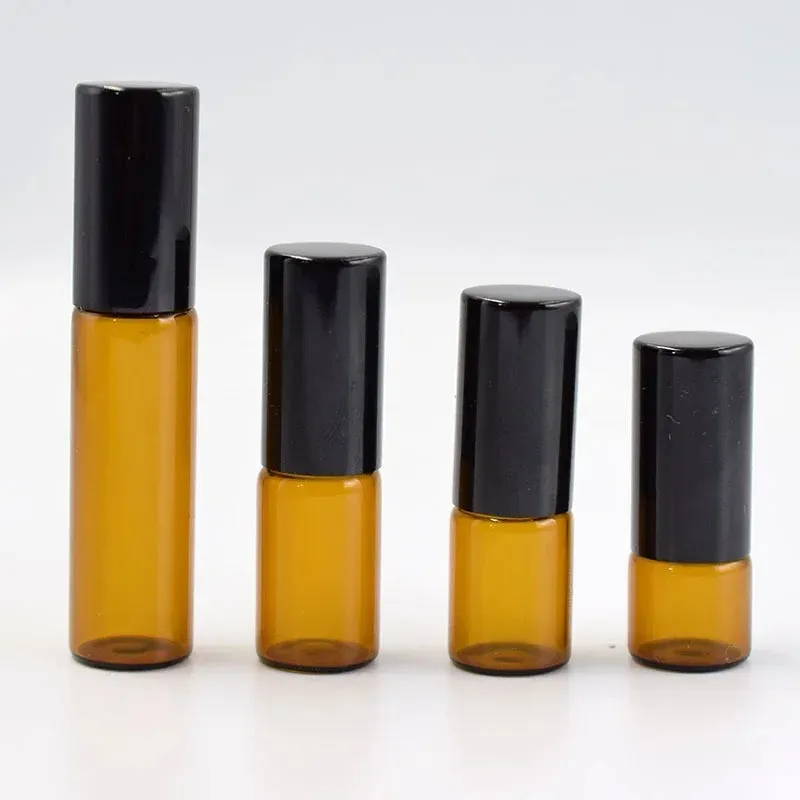 5 pc /pacco 1 ml 2 ml 3 ml 5 ml da 10 ml di vetro sottile ambra sul proietta di fiale di olio essenziale con olio essenziale con rullo in metallo /vetro sfera