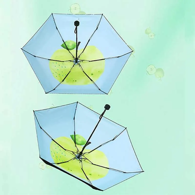 Umbrellas Green Apple Small 6 costillas Portable Sun UmbrellAblack recubrimiento anti UV verde y fresco Impresión interna Apple verde