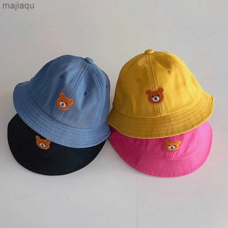 Caps Hats New Baby Bucket Hat Cartoon Cute Bear Embroidered Sun Hat Soft Cotton Outdoor Childrens Fisherman Panama HatL240429