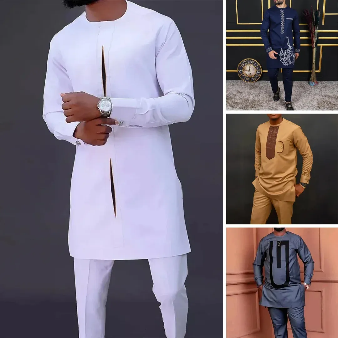 Männer Dashiki Langes Kleidungshemd weiße Hose Set Herren 2 Stück Outfit Anzug traditionelle männliche Kleidung T-Shirt Pant Suits für Männer 240420