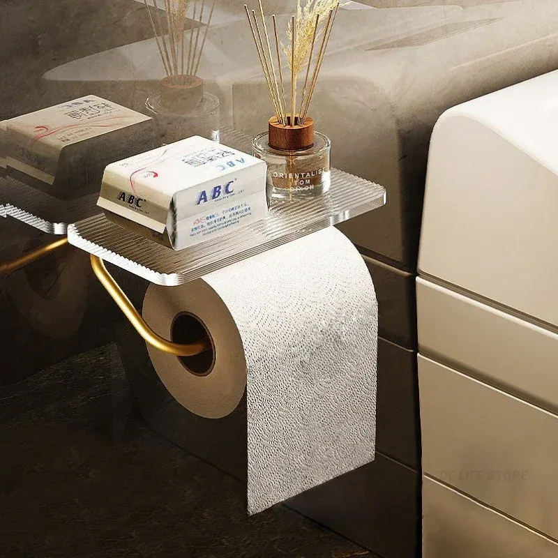 Set Luxury Gold Toilet Paper Holder with Shelf No Punching Acrylic Roll Paper Holder Tissue Hanger Bathroom Accessories