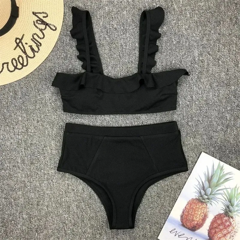 Hög midja simning för kvinnor Sexig svart badkläder push-up baddräkt Biquini baddräkt strandkläder ruffle bikini set 2021