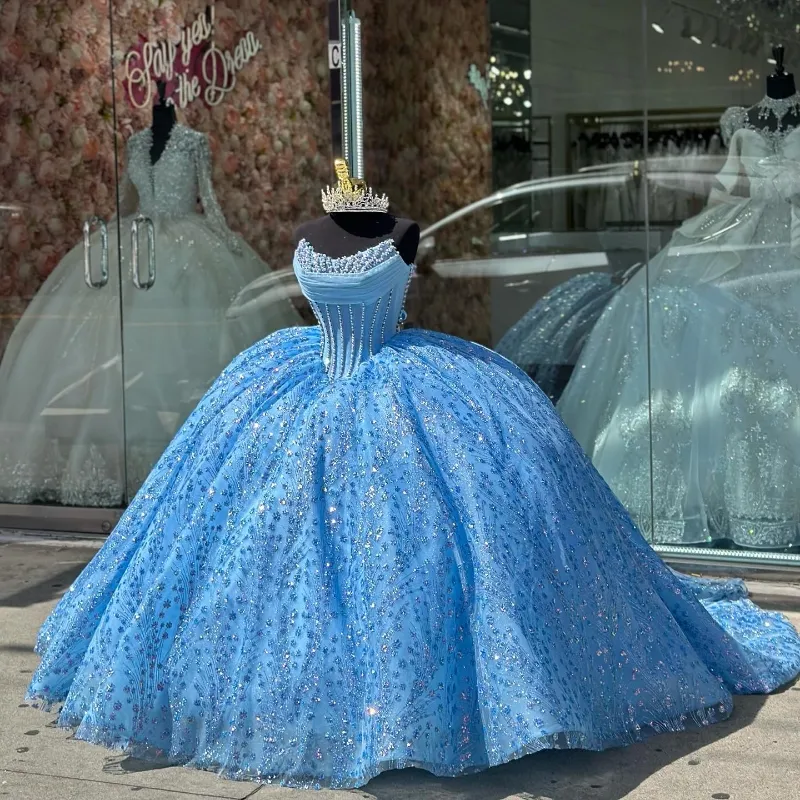 Sky blauw van de schouder Quinceanera -jurk voor zoete meid lovertjes kristal Tull Graduatin Party Rom Dress Vestidos de 15 anos