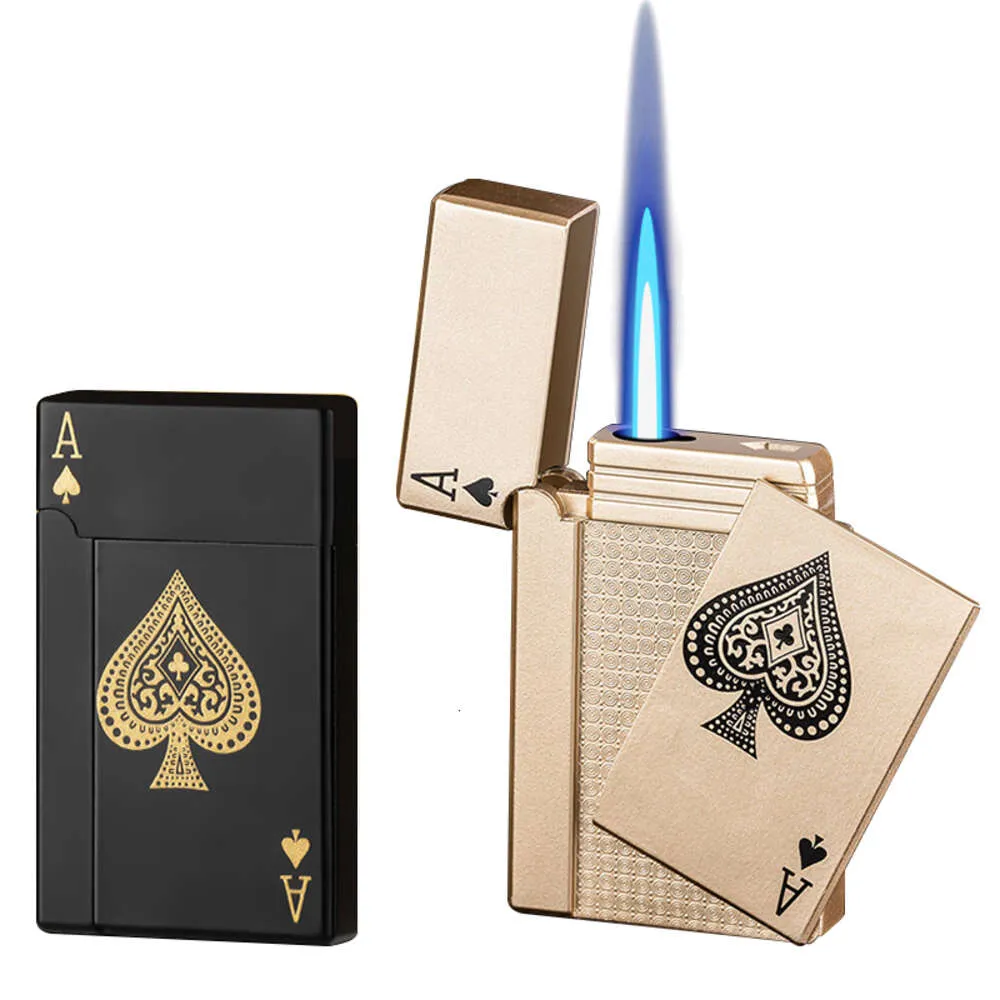 Green Flame Ace Card Tändare, påfyllningsbar butan tändare, Ace of Spades Cool lättare vindtät pokerdesign