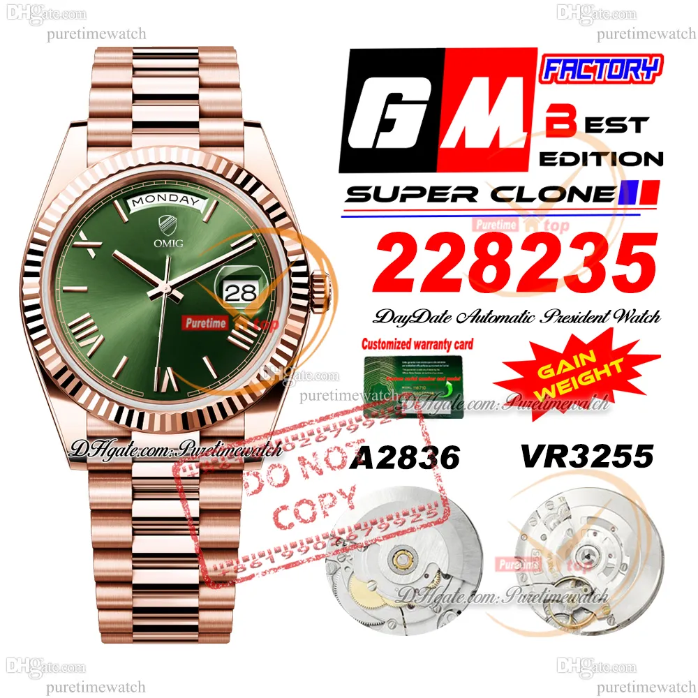 228235 Daydate A2836 VR3255自動メンズウォッチGMF V3 ROSE GREEN ROMAN DIAL 904L Steel President Bracelet Super Edition SAM