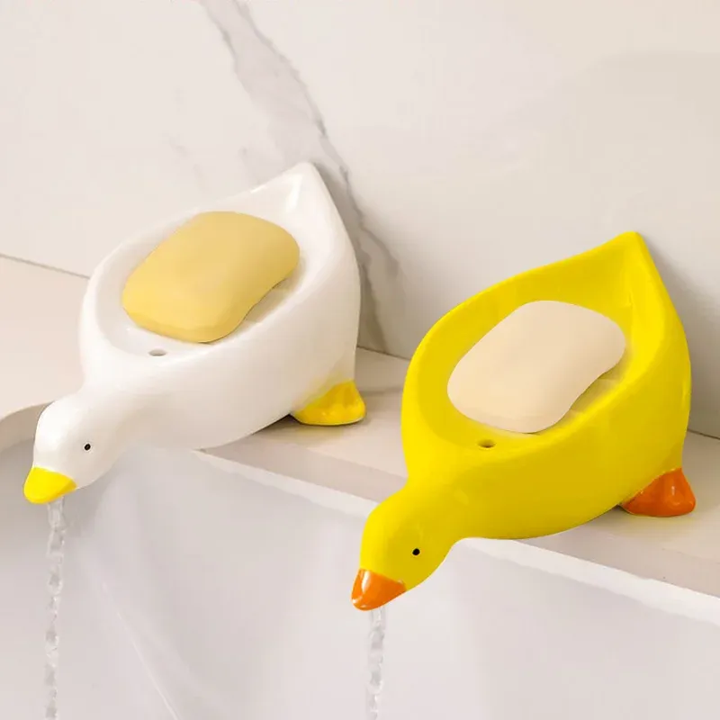 Set gelbe Entenform Seifenkiste Cartoon Seifenschale Abflussbare Seifenhalterseife Seifenbehälter Seifenschale für Tablettbadzubehör
