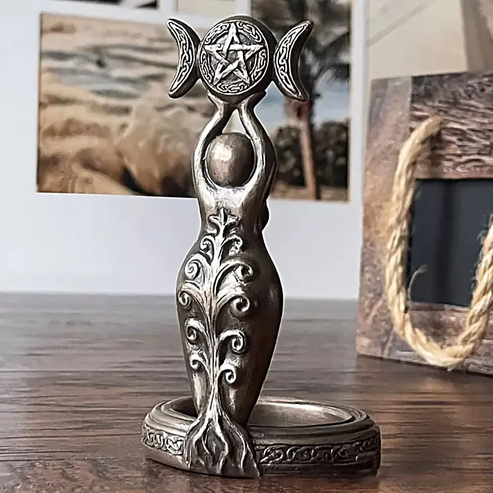 Ljus gudinna trippelmåne TEALight Candle Holder Stand Harts Sculpture Candlesticks Home Decor Gift