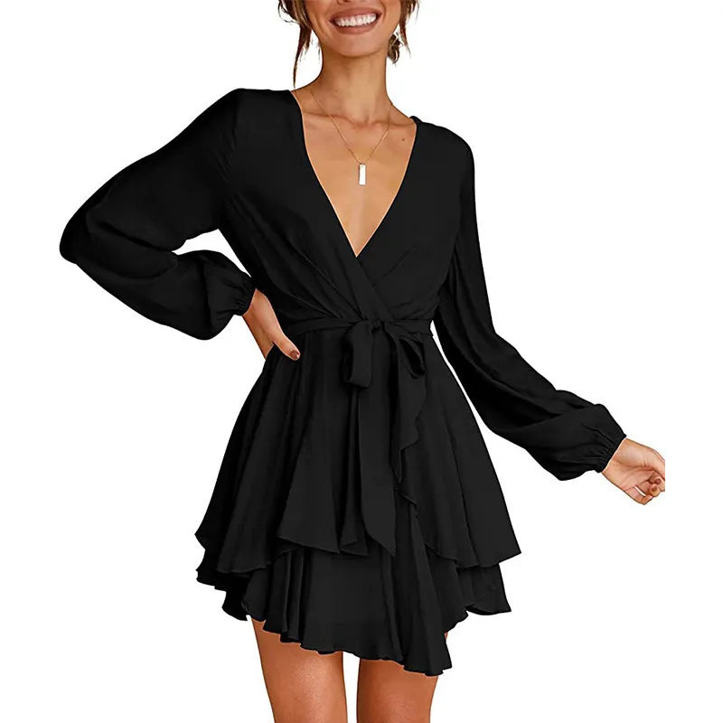 Deep V-Neck Long-Sleeved Pleated Mini Skater Dress Elegant