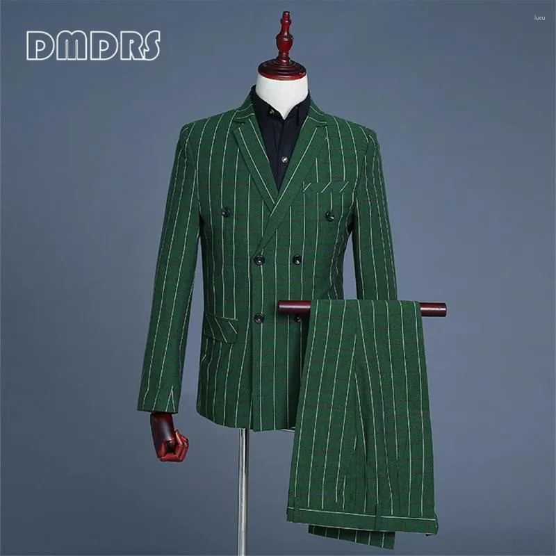 Costumes pour hommes Vintage Green Plaid 3 Pieces Pièces Ensemble de costumes Double Breasted Notched For Men Veste Veste Pantalon Tuxedo Plus taille