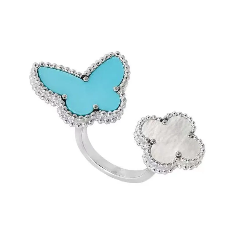 Band Rings Brand Luxo Love Love Clover Butterfly Designer para mulheres Mãe da Pearl Blue Limited Edition Charme fofo elegante anel Dhjew