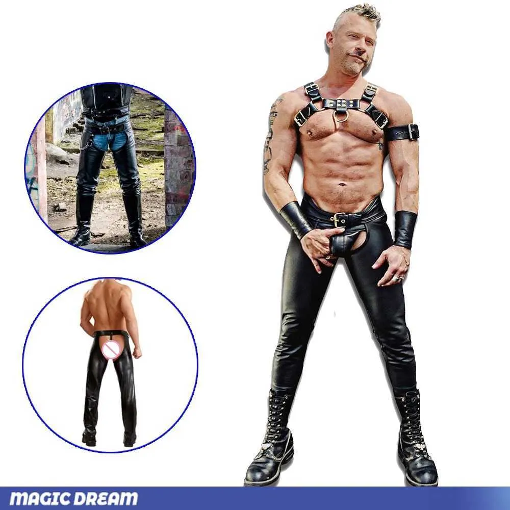 Men's Pants Mens denim look pans with thongs leather pans sles sexy buttocks less chap mens moto pans cool outfits stripper adult wear J240429