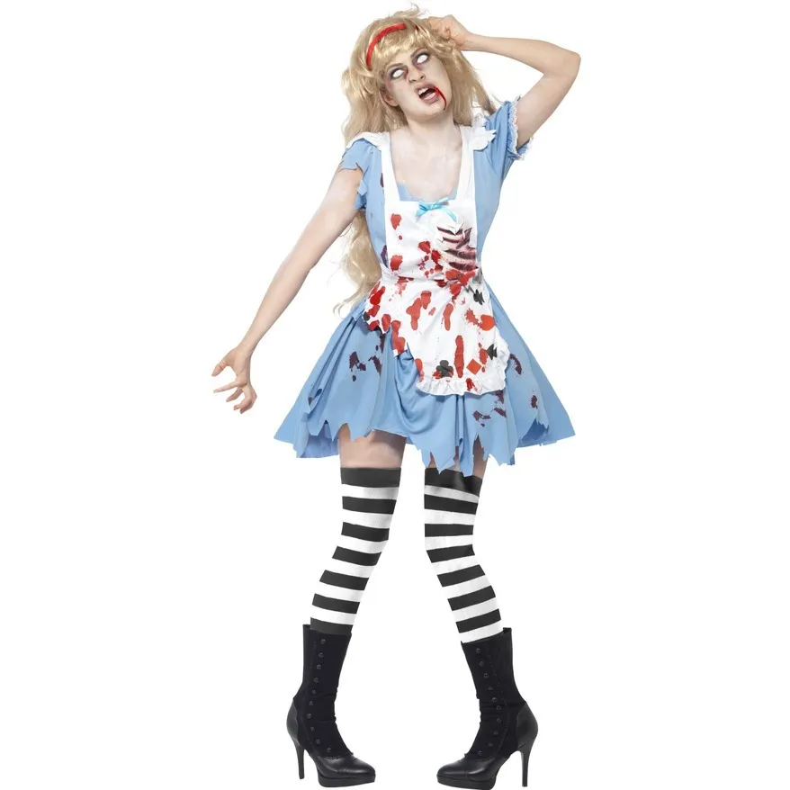 Halloween -feestkleden Blood -bevlekte zombie Alice Tea Party kostuum