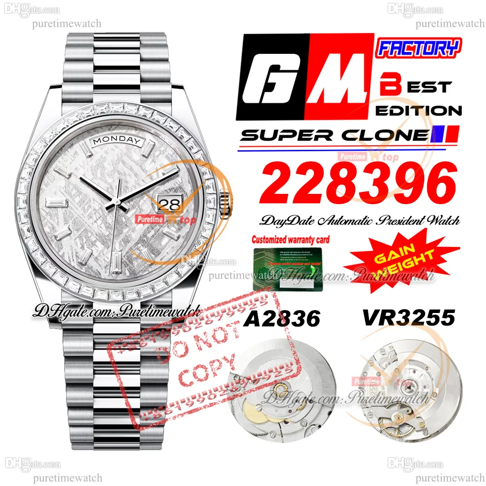 228396 DayDate A2836 VR3255 Automatische Herren Watch GMF V3 Meteoriate Baguette Diamond Lünette und Zifferblatt 904L Stahl Präsident Armband Super Edition Gewicht