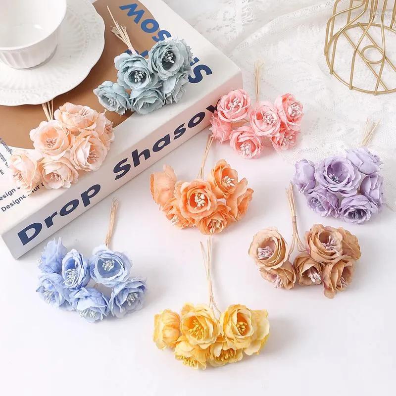 Dekorativa blommor 6st konstgjorda blommor Silk Small Rose Diy Wedding Bride Holding Accessorie Home Bedroom Vase Decoration Wreath