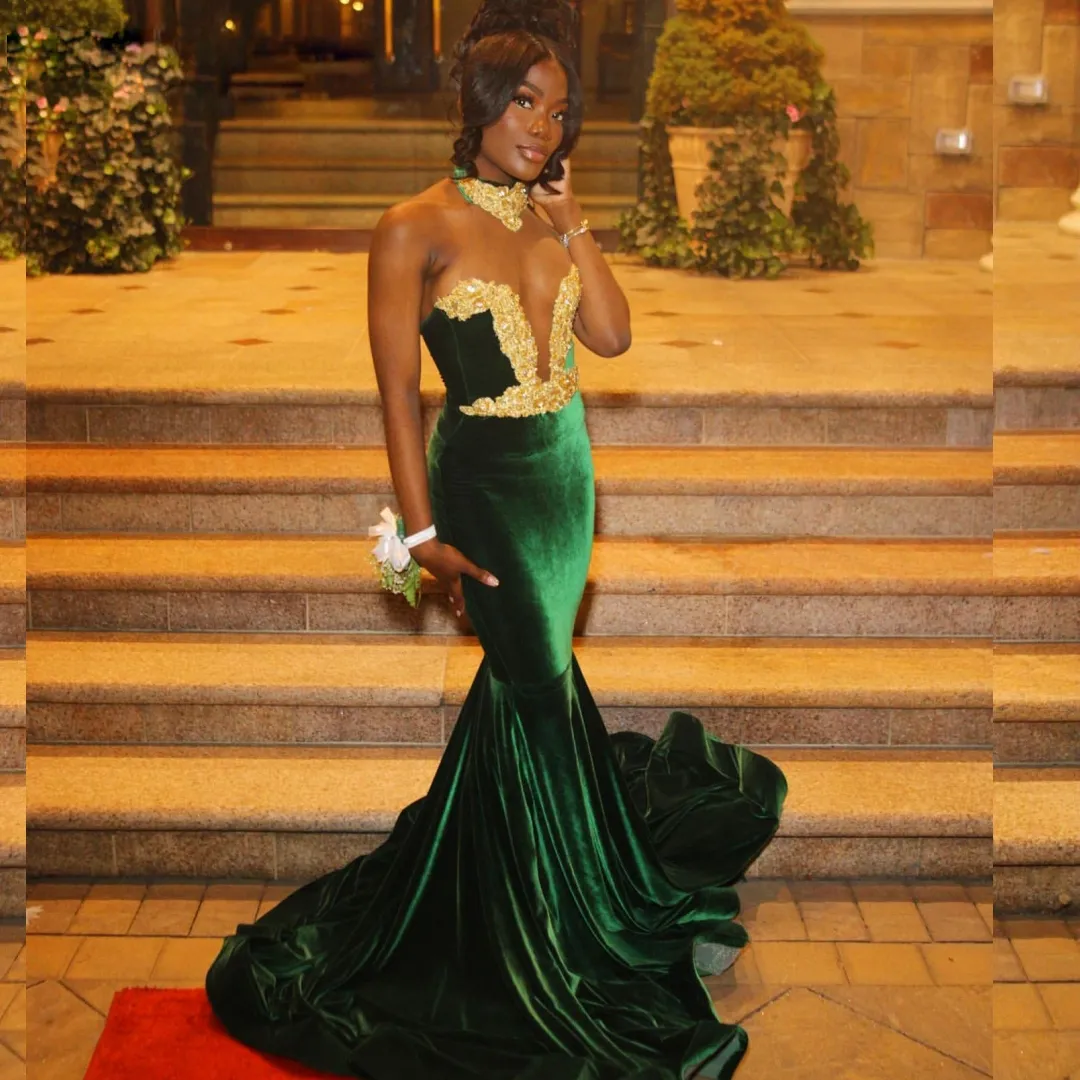 Green Velvet Halter Prom Dress with Gold Crystal Applique Sweep Train for  Graduation Party from Dhgate Prom Dresses - price 120.96