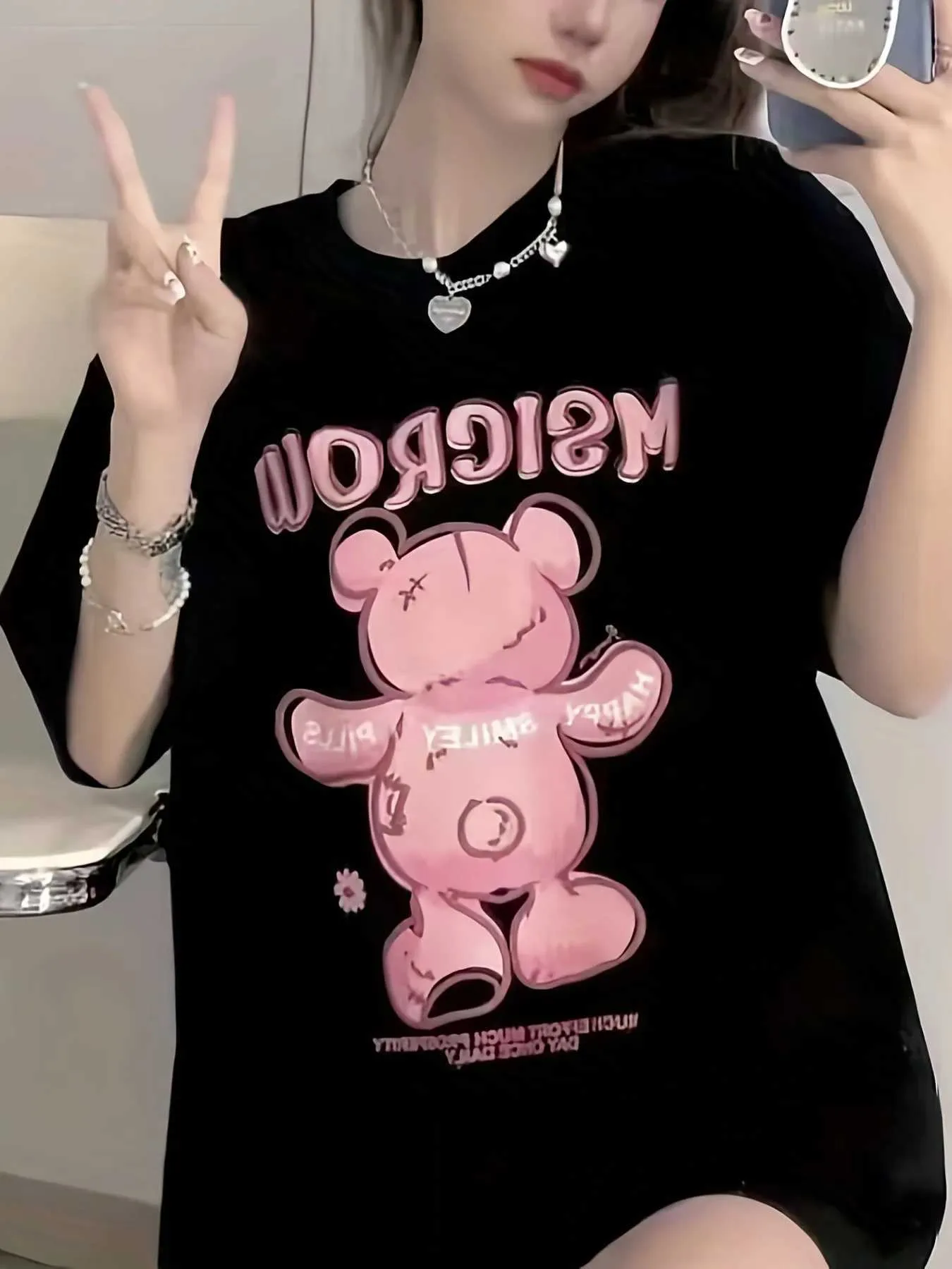 T-shirt Ins Cartoon Pink Bear Letter Cine Caring BF Style Long T-shirtl2404