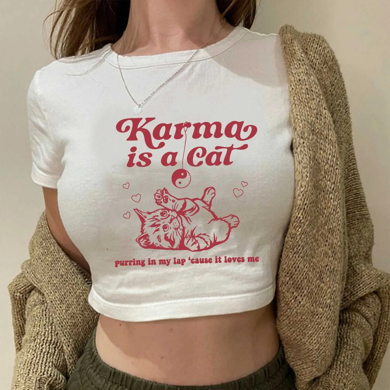 Men's T-Shirts Karma is a midnight cat with a printed O-neck short sleeves crop top short navy blue 90S sexy Harajuku fashion casual womens Y2KL2403
