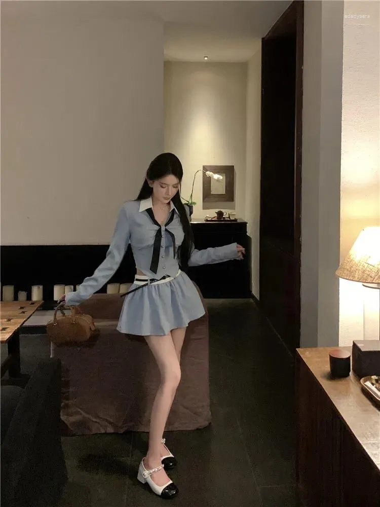 Y2K Preppy Style Blue Skirt Set