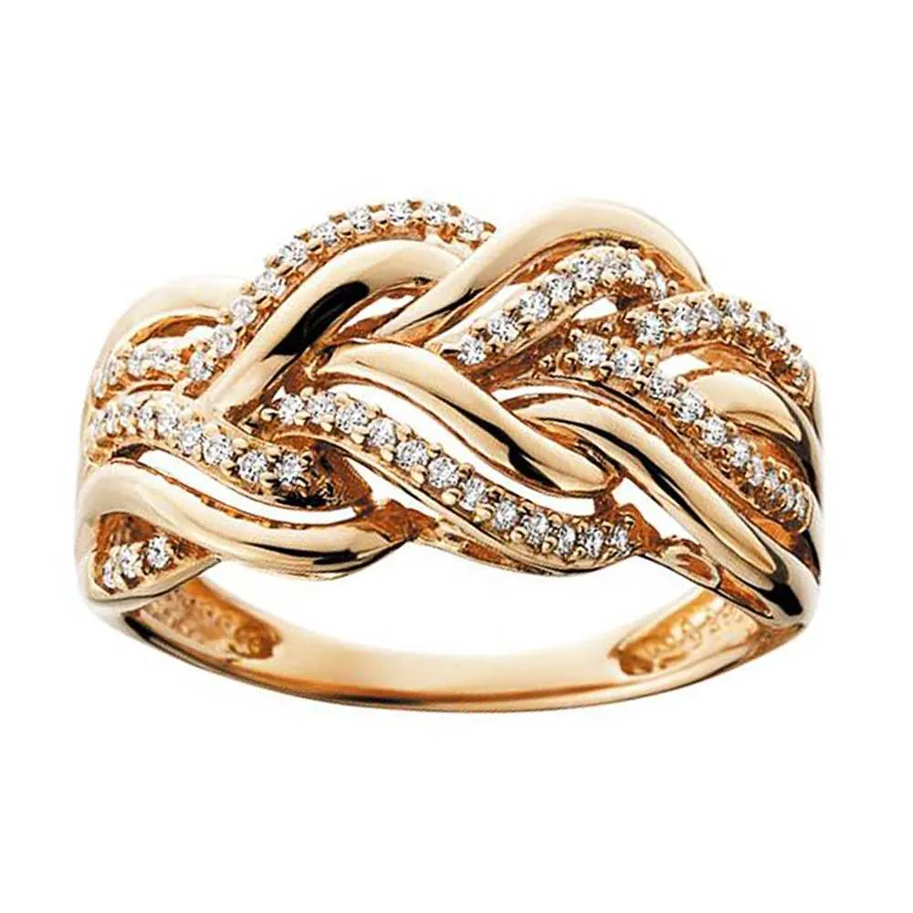 Bandringen Huitan Hot Trend Gold Color Rings For Women Twist Design Luxe ingelegde sprankelende CZ Fashion Luxury Wedding Engagement Sieraden Batch J240429