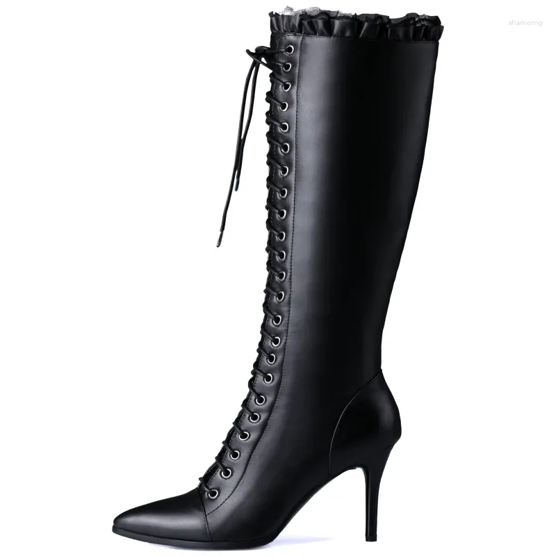 Boots Point Knee High Women 2024 Äkta läder Sexig snörning Black Heels Nightclub Party Long Shoes Lady Stor storlek 48
