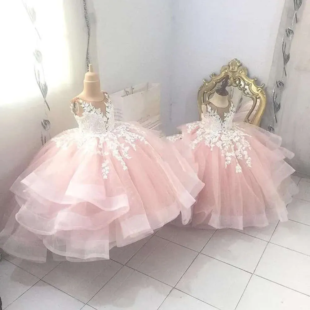 Şeffaf çiçek dantel pembe boyun katmanları balo elbisesi küçük kız düğün ucuz cemaat pageant elbiseler zj s