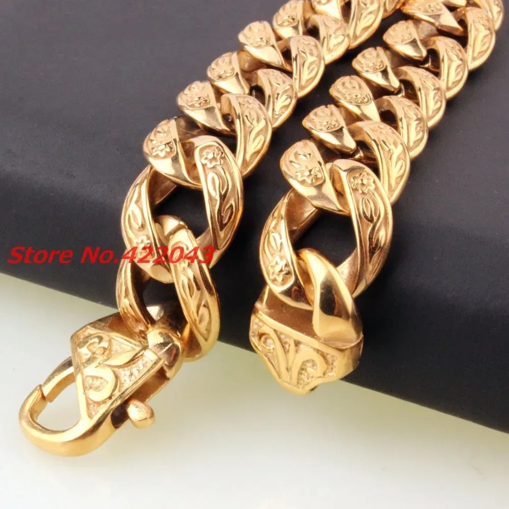 Rings New Fashion Mens Bangle 15mm Solid Gold Color Stainless Steel Cast Flower Cuban Link Chain Bracelet 9" Jewelry, Top Quality