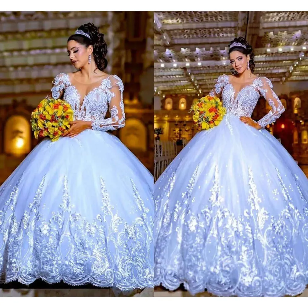 Schep trouwjurken jurk prachtige bruids ballgown halslijn lange mouwen kanten applique op maat gemaakte plus size vestido de novia