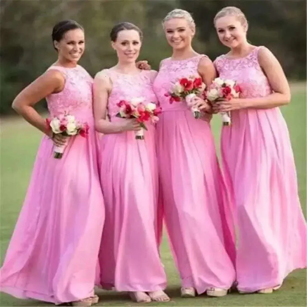 Bodenlange rosa Chiffon Brautjungfer Spitzenkleider Eine Linie Juwel Neck Maid of Honor Kleiz maßgeschneiderte Country Beach Hochzeitsfeier formelle Verschleiß Vestidos