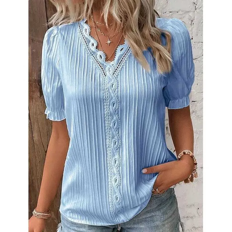 Blouses -shirts voor dames elegant zomer holle lace lozwerk dames shirt chic blouse v nek kort slev shirt gewoon kant casual basu reguliere tops y240426