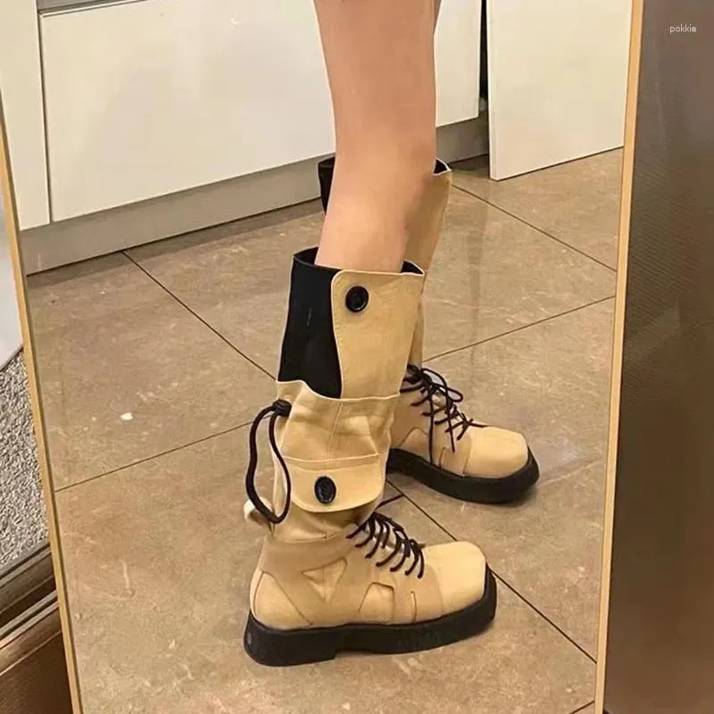 Boots Retro Design Long For Women Round Toe Mid Heeled Bottines Thick Sole Solid Botki Lady Casual Fashion Outdoor Shoes