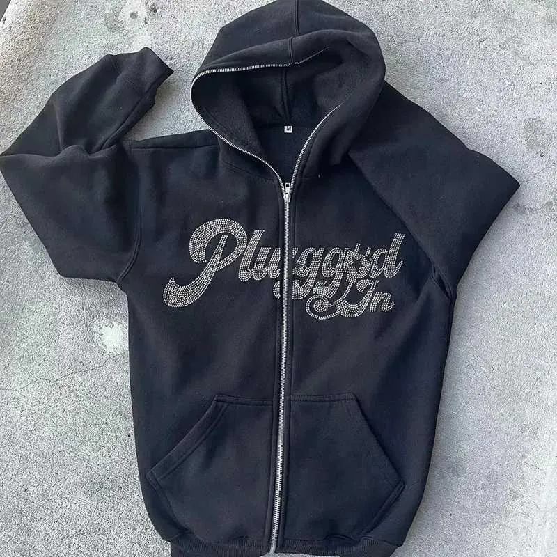 Herrtröjor tröjor hip hop grunge tröja mode punk sportrock strass gotisk brev lång slav dragkedja hoodie y2k mens jacka h240430