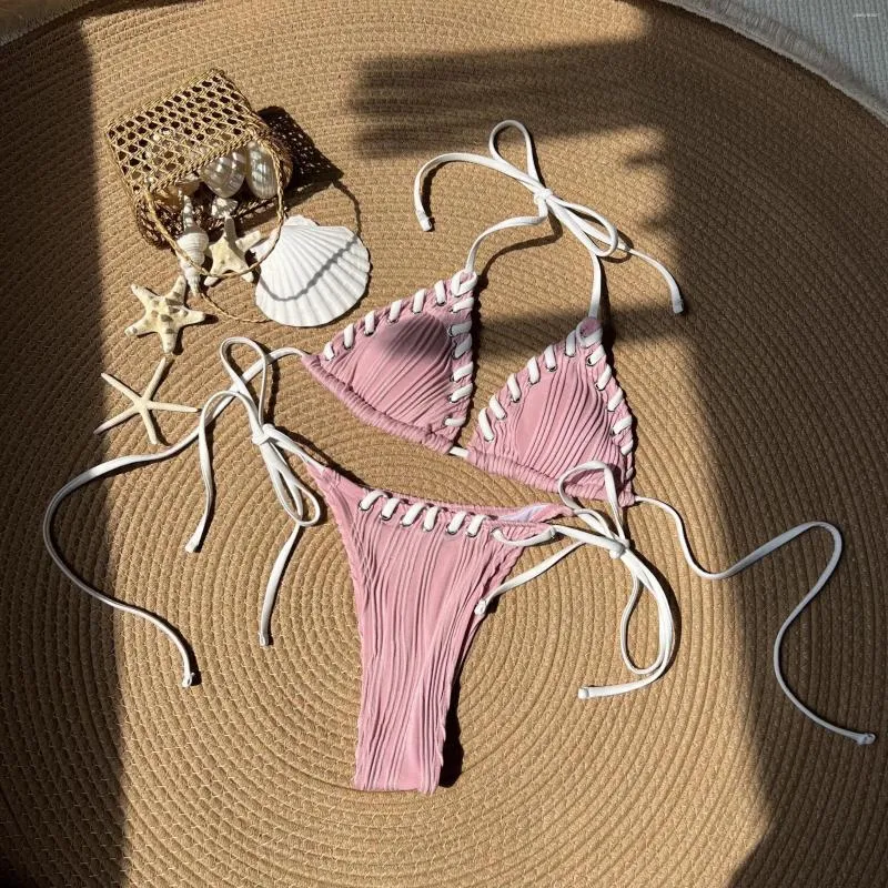 Women's Swimwear Sexy Micro Bikini 2024 Women Pink Halter Weave Bandage Cross Swimsuit Brazilian Beach Bathing Suit Thong Swimming