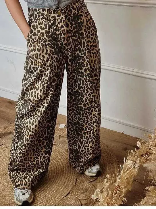 Damesbroek capris luipaard print wide been hoge taille broek voor vrouwen volledig matched los elastische lange broek met geborsteld damesveer casual damesbroek y240429