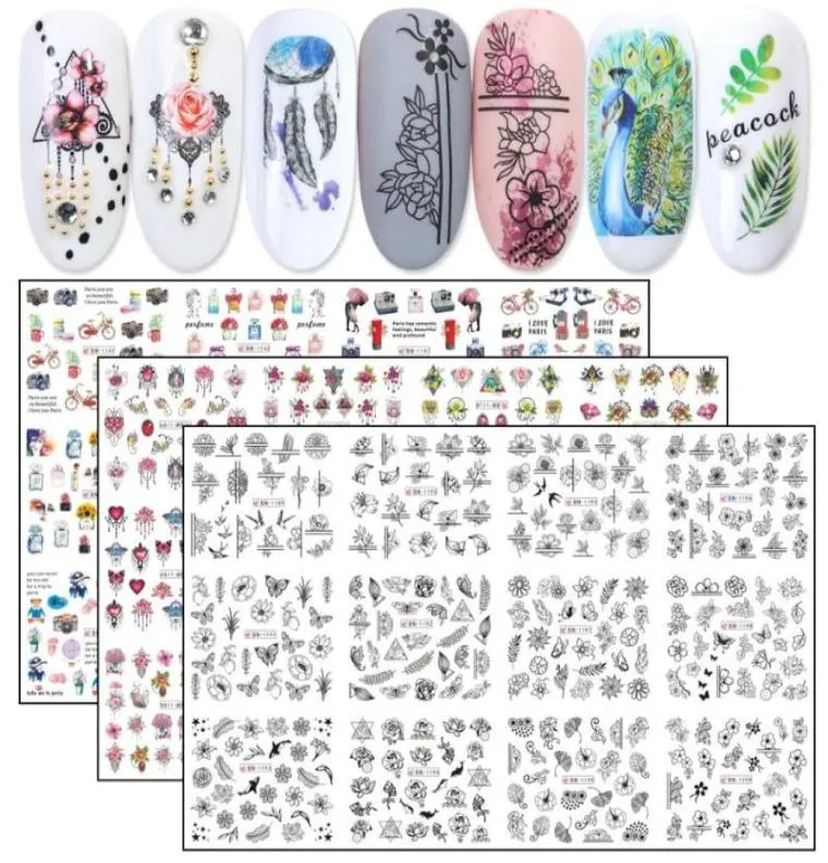 12pcs Nail Art Transfer Decals Autocollants d'eau colorée bijoux de clou coloré Animaux fleurs noirs Sliders Manucure tatouages JIBN112912127037489