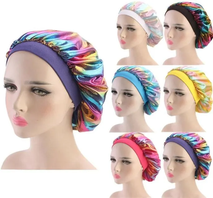 Gloednieuwe 2019 Fshion Women Satin Night Sleep Cap Hair Bonnet Hat Silk Head Cover brede elastische band verstelbare haaraccessoire2918191