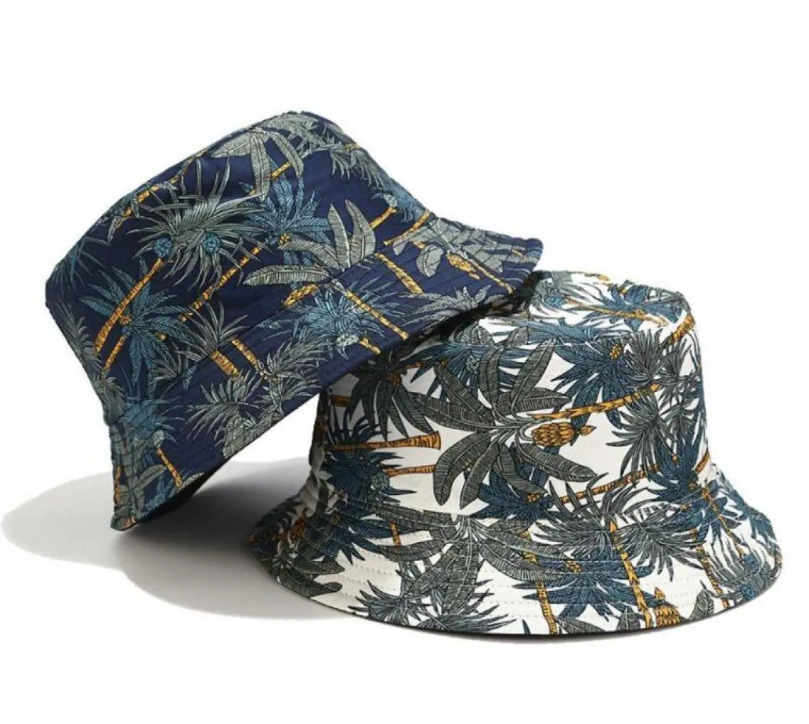 Cloches Men Donne Donne Summer Reversible Bucket Hat Tropical Palm Tree Foglie Stampa Hip Hop Wide Brim Sunlen Round Round Flat Top Fisherma6002115