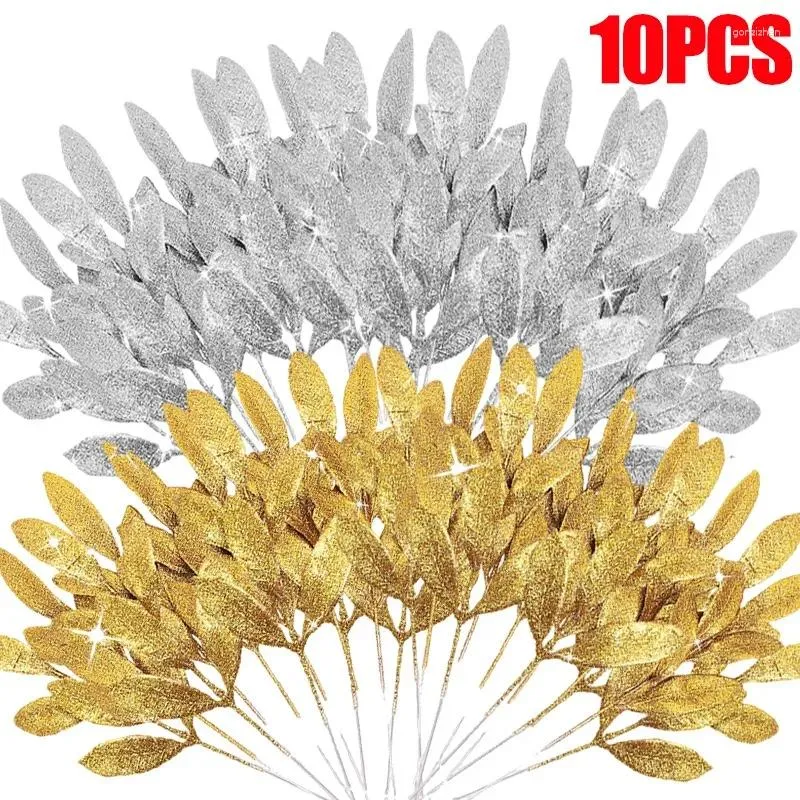 Decorative Flowers Artificial Glitter Olive Leaves Gold Fake Plant Decorations DIY Christmas Tree Wreath Wedding Party Year Ornament