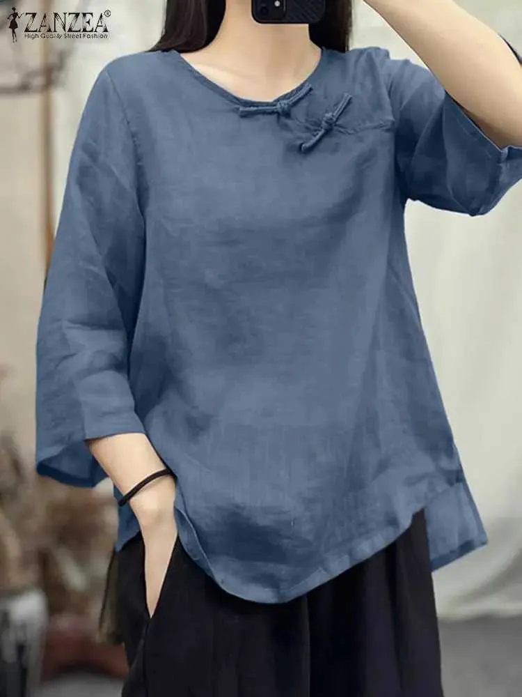 Kvinnors blusar skjortor zanzea kvinna mode solid blus 3/4 slve o nackskjorta kvinnlig avslappnad asymmetrisk hem tunika toppar elegant ol blues överdimensionerade y240426