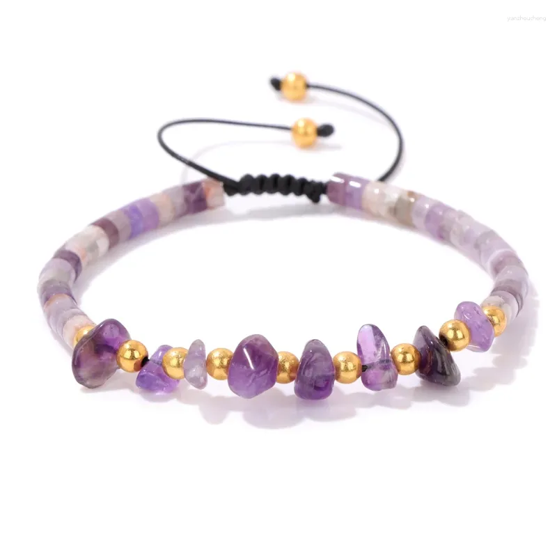 Strand Natural Stone Amethysts Gravel Braided Bracelet Adjustable Aquamarines Semi-precious Flat Beads Bracelets For Women Men