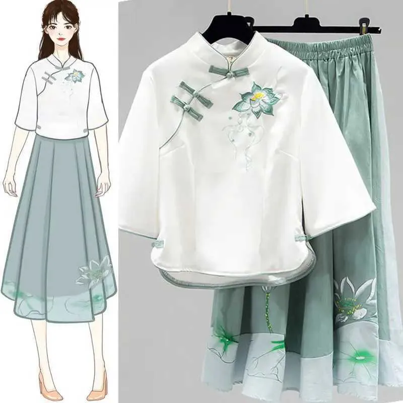 Abbigliamento etnico migliorato Hanfu Womens Cheongsam Abbigliamento in due pezzi Summer Cinese in stile ricamato pantaloni abbottonati Abito a due pezzi retrò