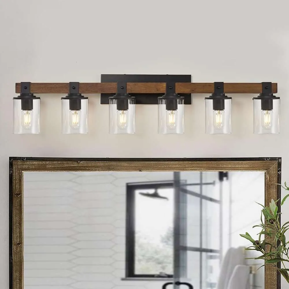 Lumière murale de salle de bain en bois rustique avec verre transparent - Lumières de vanité de ferme industrielle à 4 légers - Applexion murale en métal moderne pour le couloir de la cuisine de chambre - Bois anticulaire 4-LIGHT