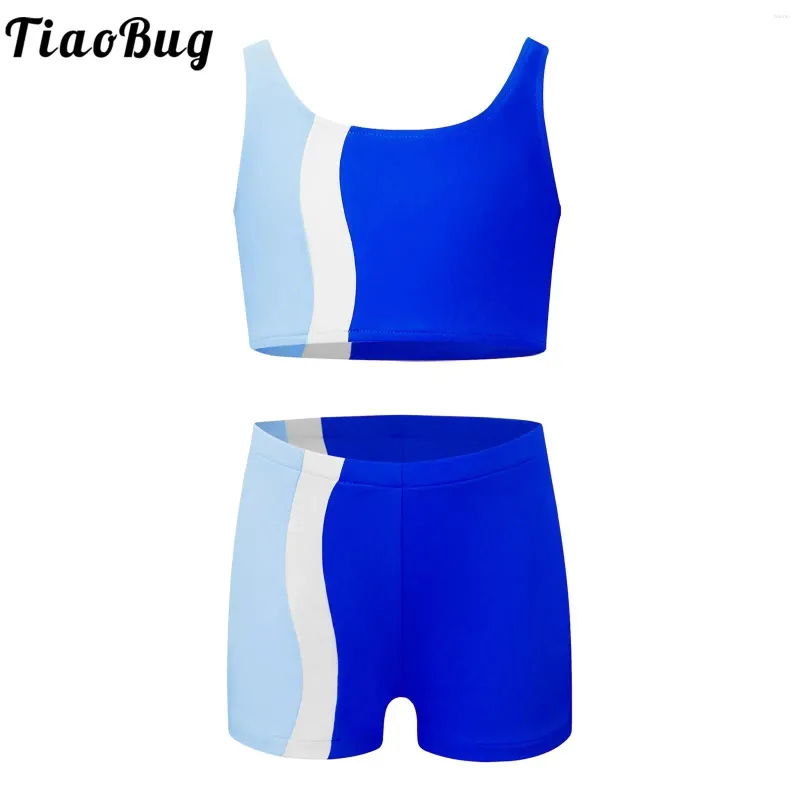 Clothing Sets Kids Girls Sports Gymnastics Outfits Contrast Color Crop Tank Top Vest With Shorts Gym Fitness Workout Yoga Dancewear Swimwear