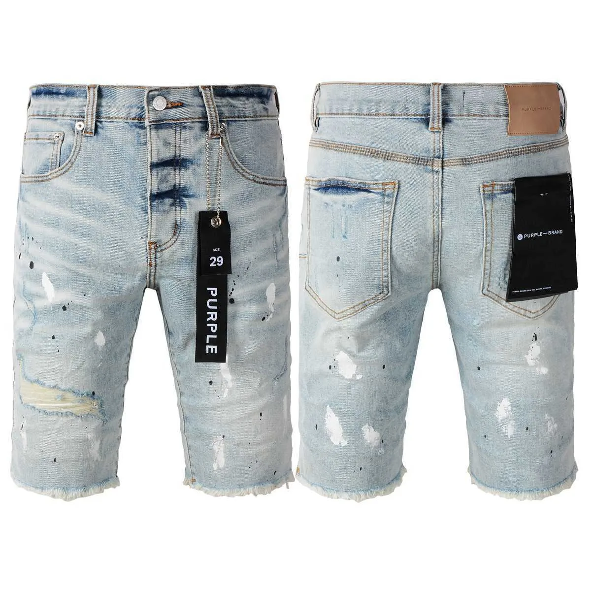 Lila märke denim shorts amerikansk high street blå hål färg 5021