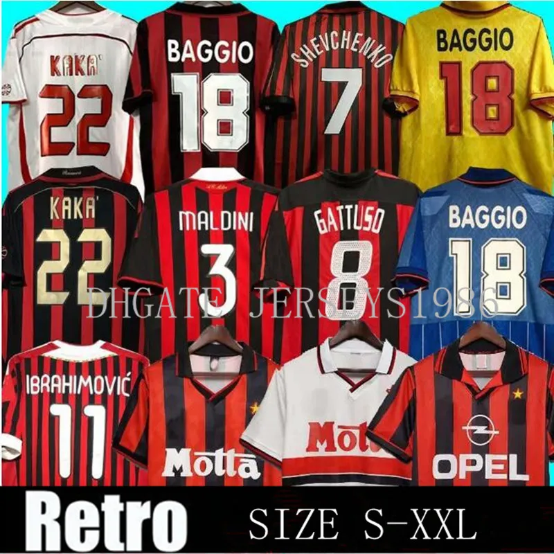 Retro Soccer Jerseys 95 96 02 03 04 05 06 07 09 10 11 12 13 14 AC Kaka Milan Ibrahimovic Weah Maldini Football Shirts 2006 2007 2008 2010 2010 Pirlo Baggio Jerseys Size S-XXL