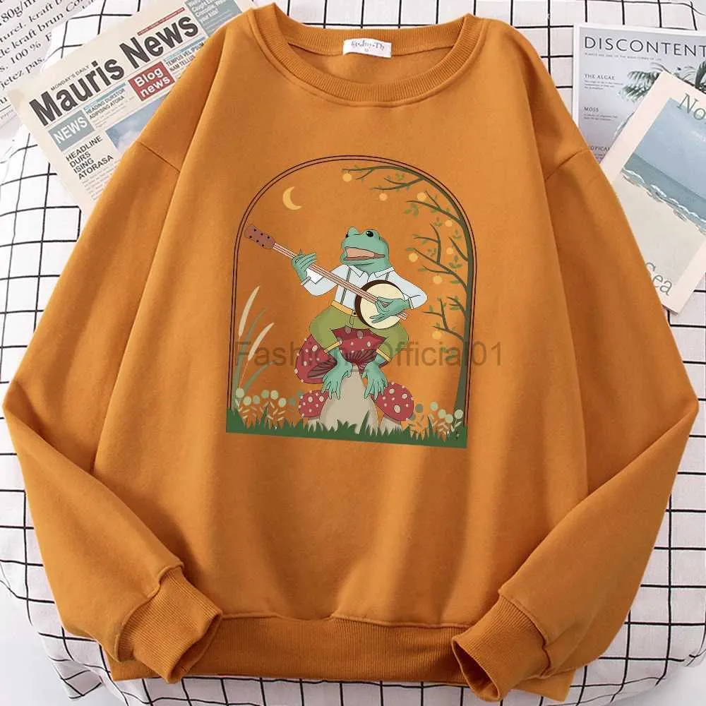 Erkek Hoodies Sweatshirts Cottagecore Estetik Kurbağa Shroom Mens Sweatshirt Üzerinde Banjo Oynuyor Sevimli Vintage Casual Giyim All-Math Komik Hoodies D240429